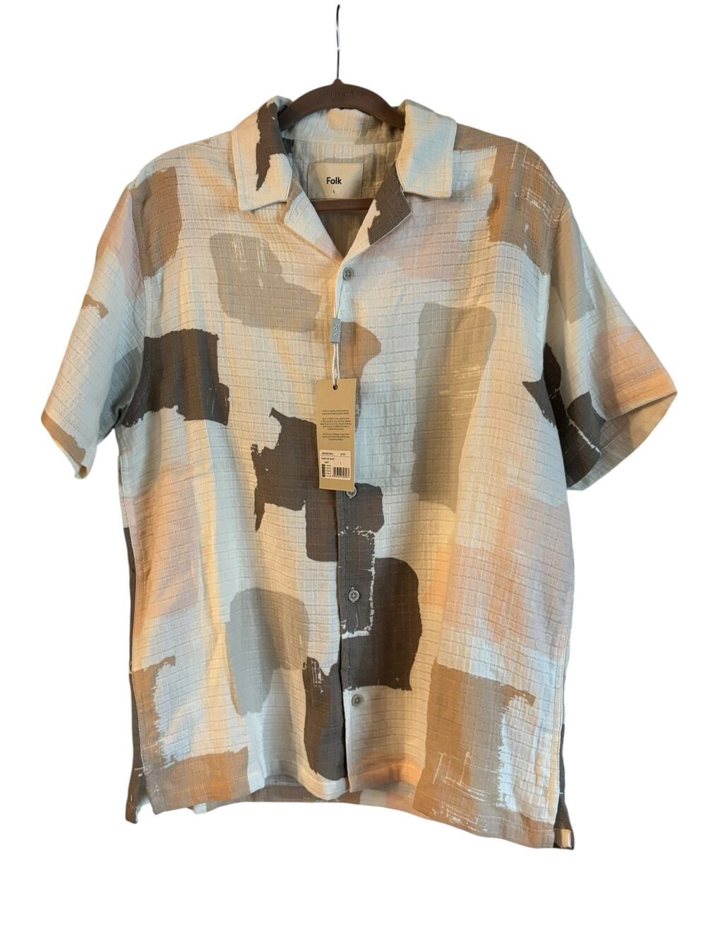 Folk Men’s Tawn Short Sleeve Button Up Shirt Spice Brown Size Large NWT Cotton